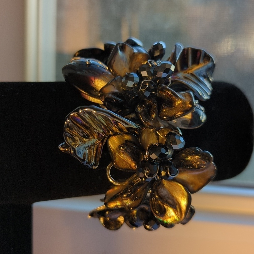 Statement Black Floral Orchid Shell Bracelet Runway Standout